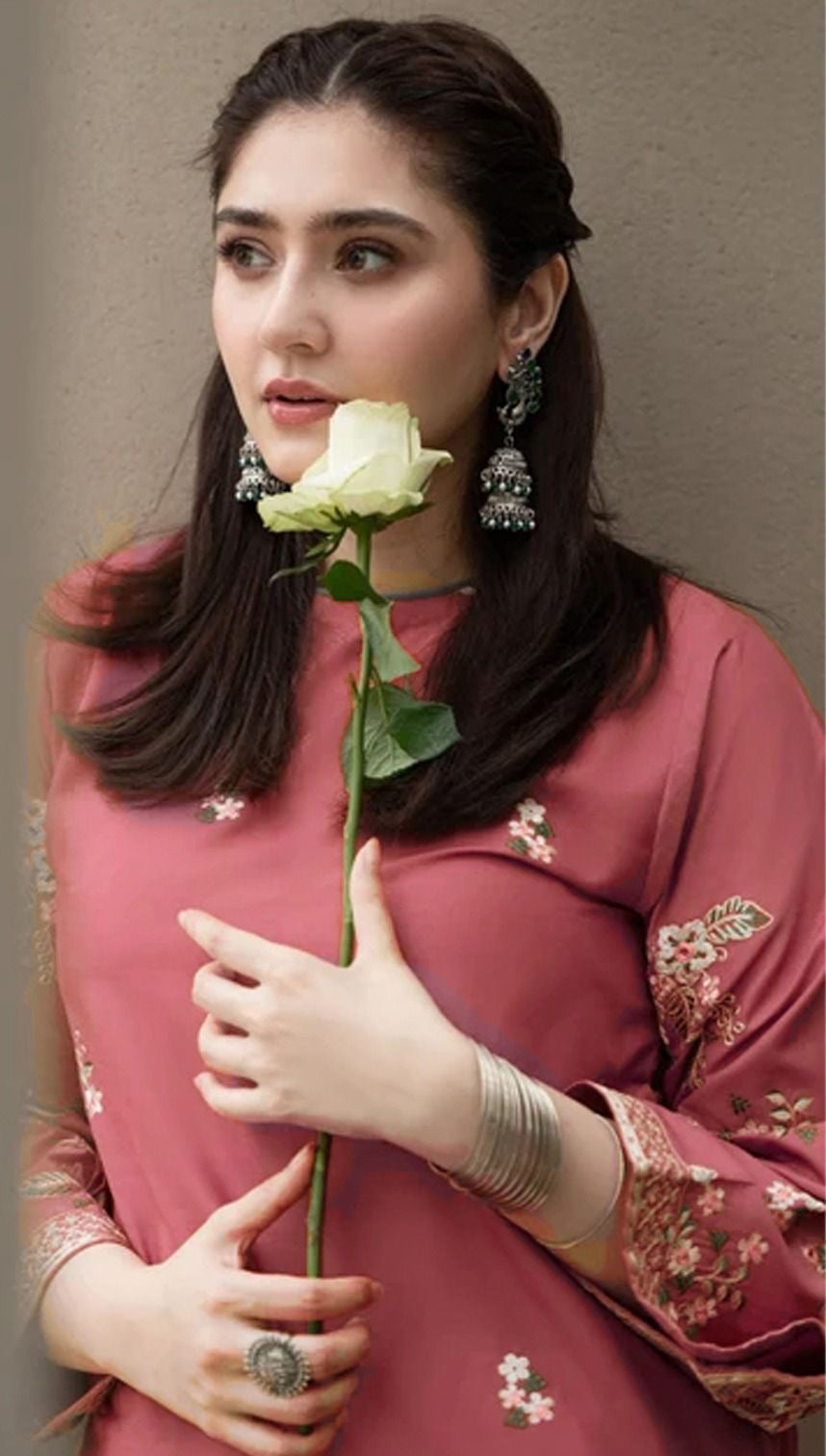 LINEN EMBROIDERD UNSTICHED 2PC (PINK)