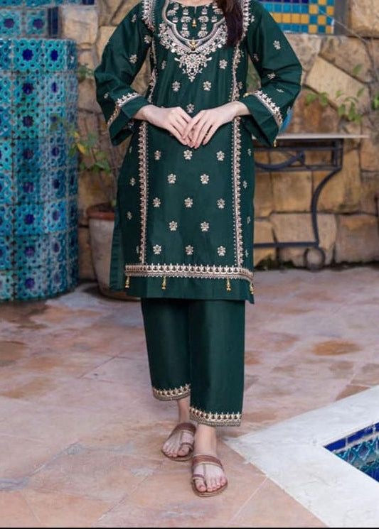 LINEN EMBROIDERD UNSTICHED 2PC (DARK GREEN)