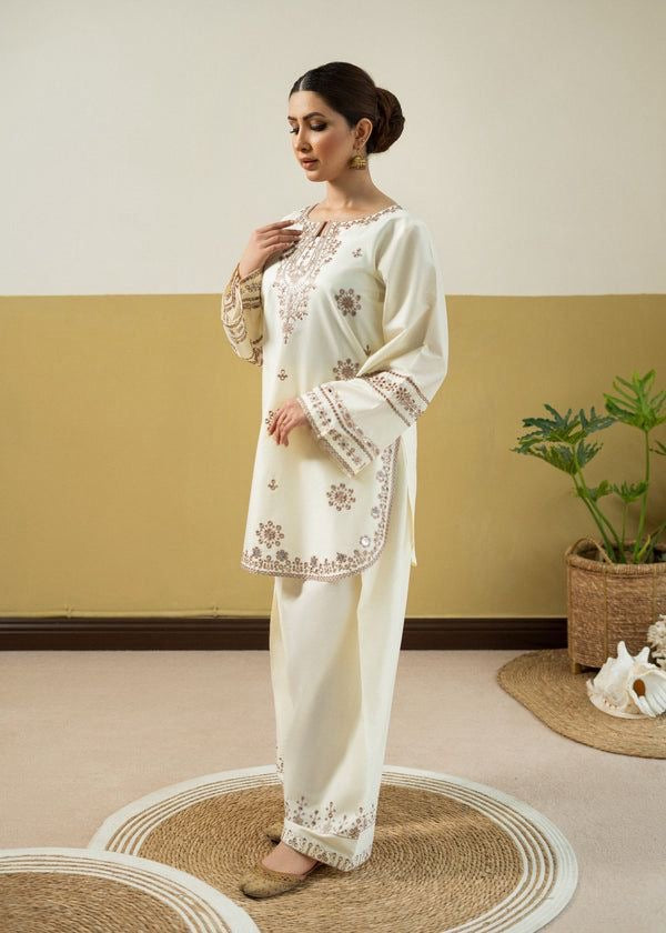 LINEN EMBROIDERD UNSTICHED 2PC (OFF WHITE)