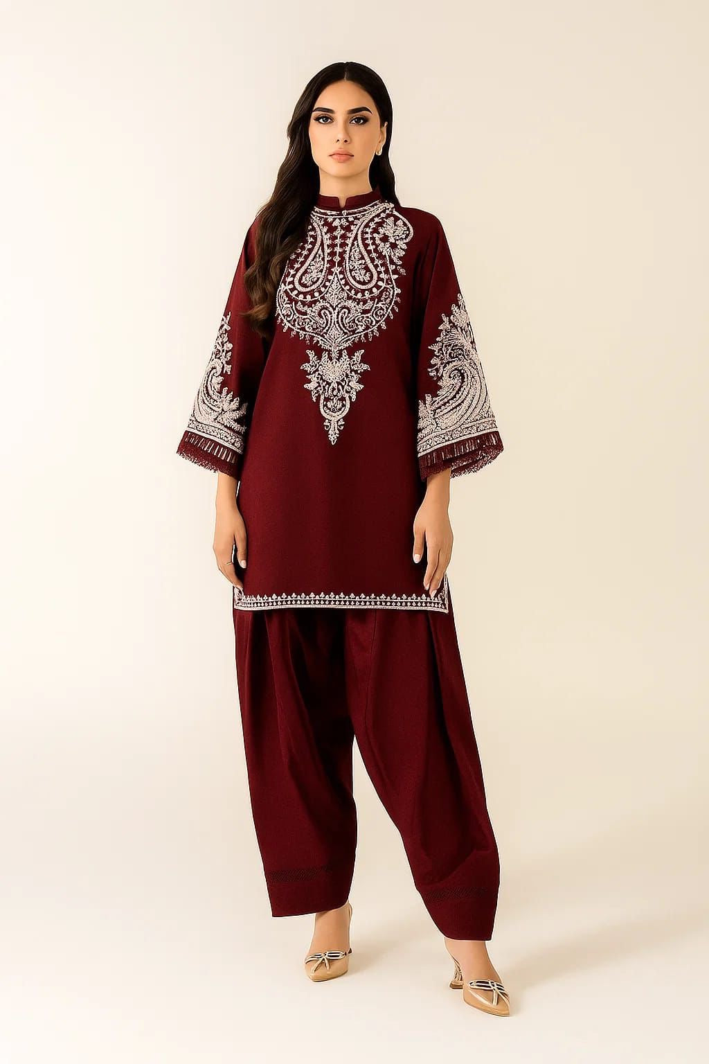 LINEN EMBROIDERD UNSTICHED 2PC (DARK MEHROON)