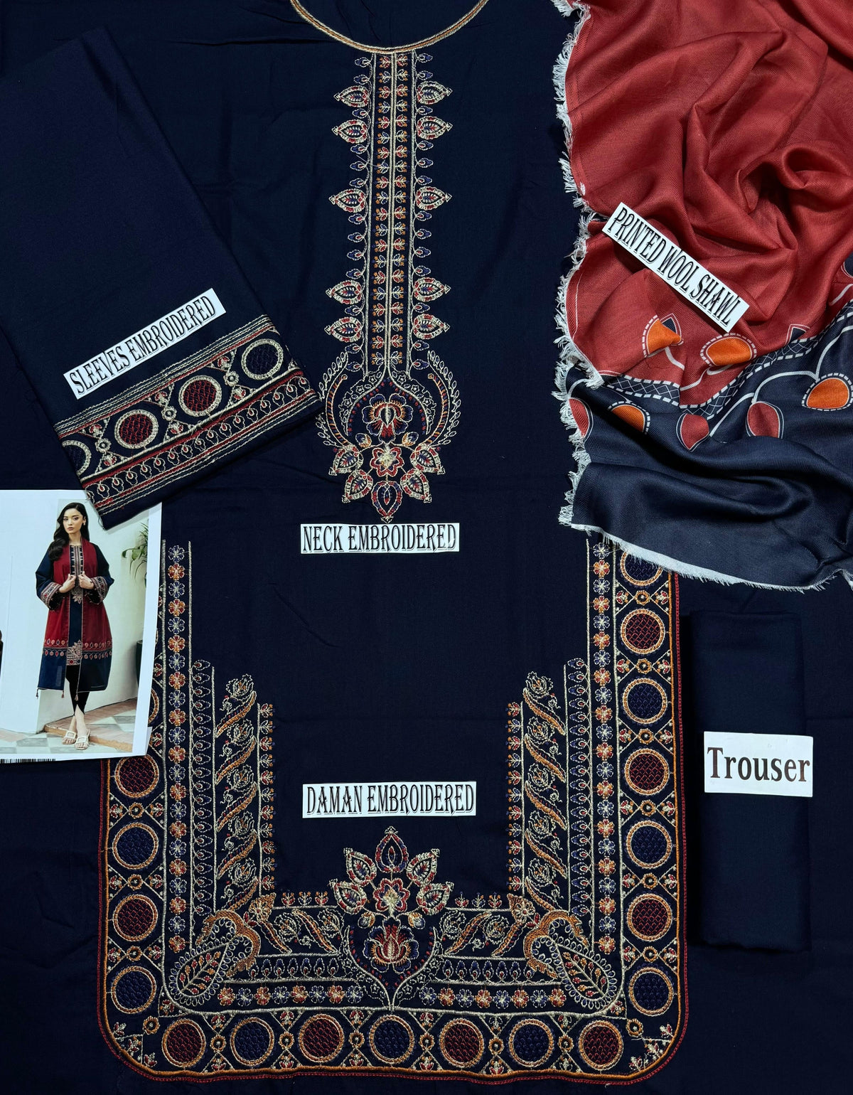 JAZMIN DHANK EMBROIDERD UNSTICH 3pc (WA-377)