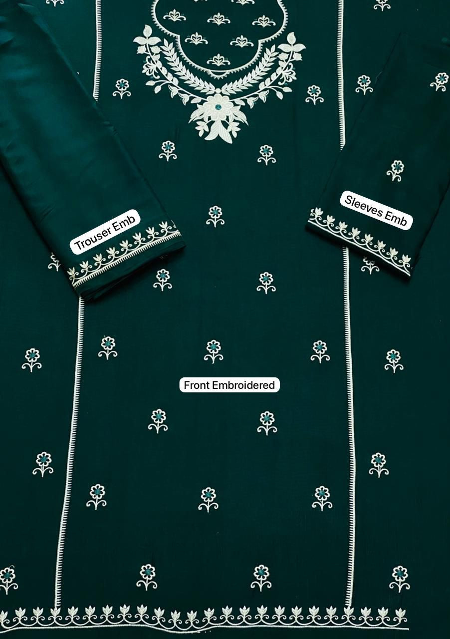 LINEN EMBROIDERD UNSTICHED 2PC (DARK GREEN)