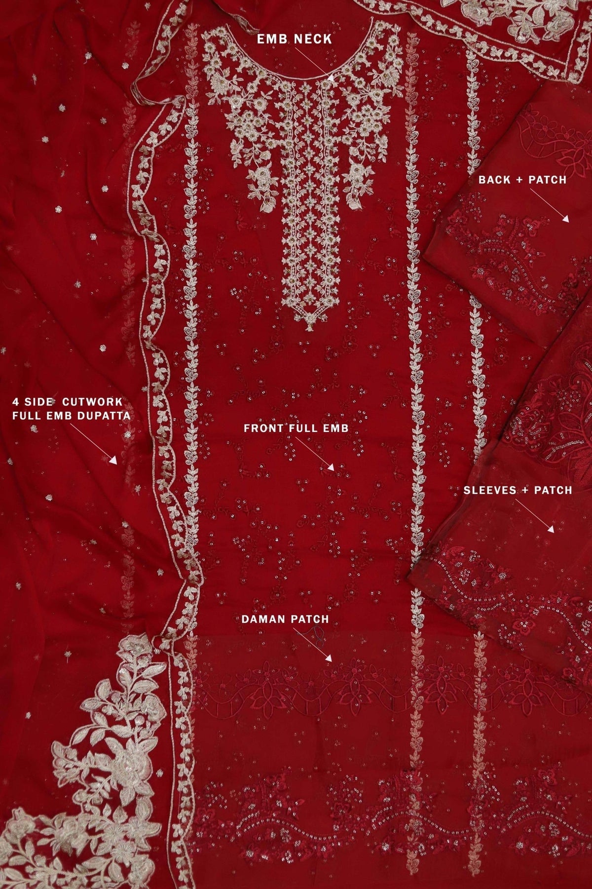 Royal Crimson By Azure -Handemblish Formal Red Chiffon Unstiched Party Wear (SL-12256)