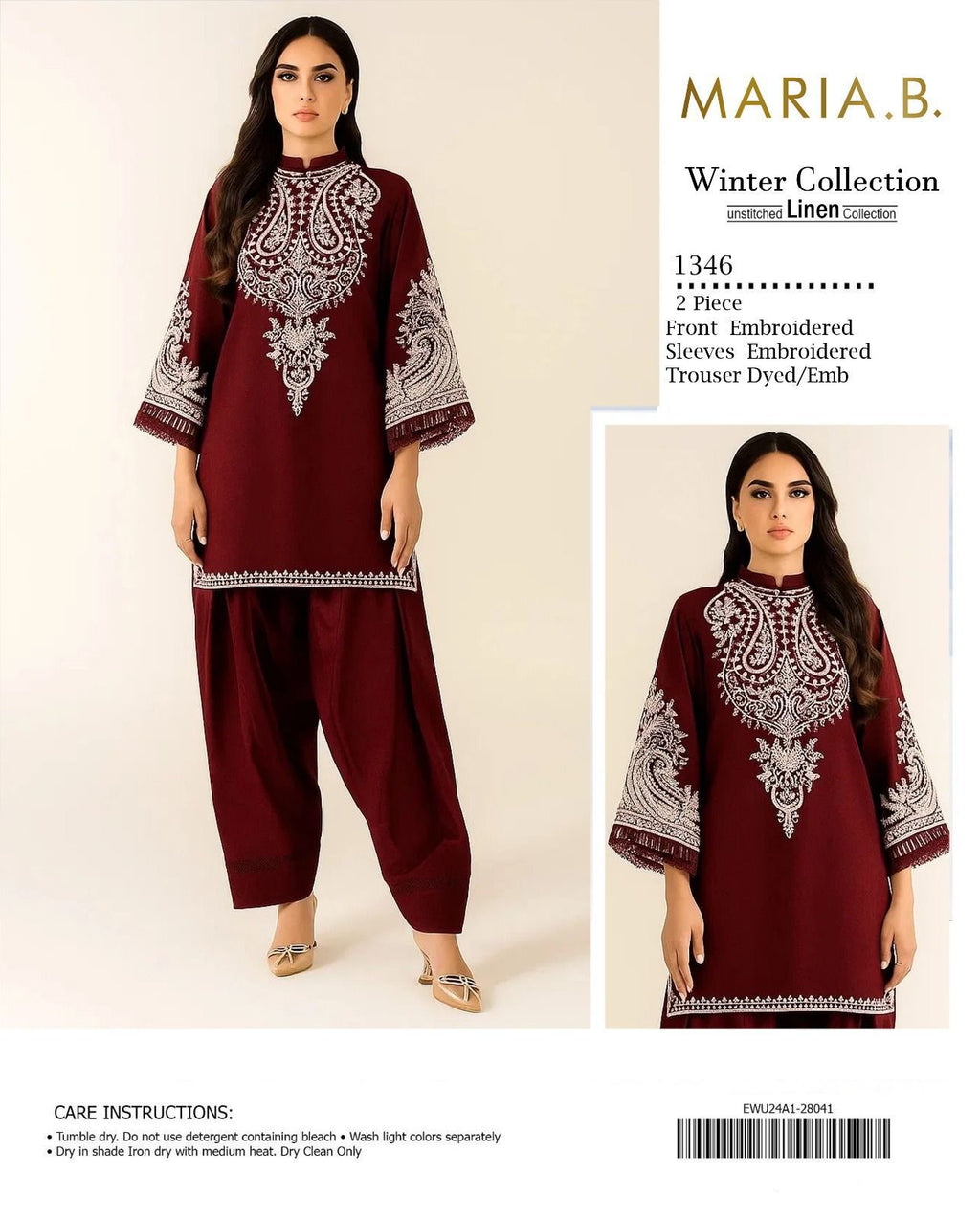LINEN EMBROIDERD UNSTICHED 2PC (DARK MEHROON)
