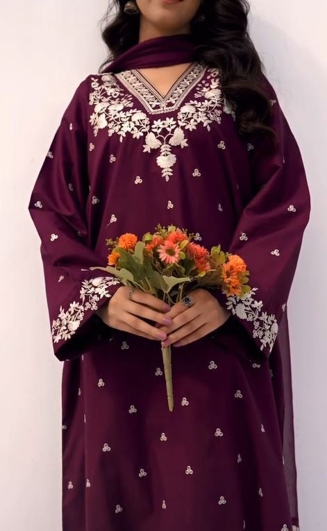 LINEN EMBROIDERD UNSTICHED 2PC (PURPAL)