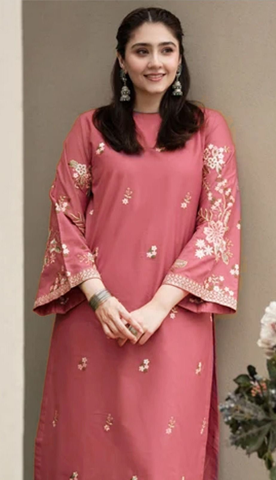 LINEN EMBROIDERD UNSTICHED 2PC (PINK)