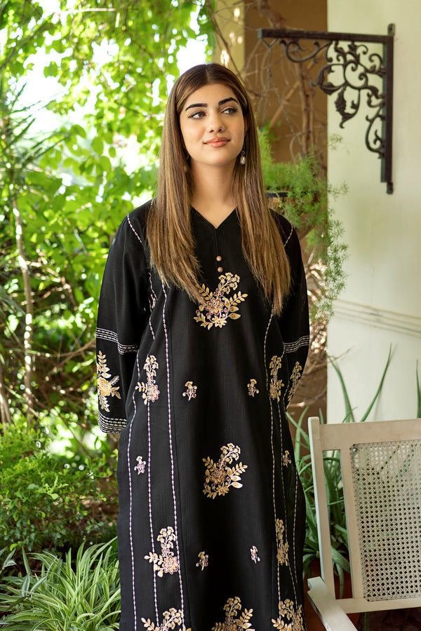 LINEN EMBROIDERD UNSTICHED 2PC (BLACK)