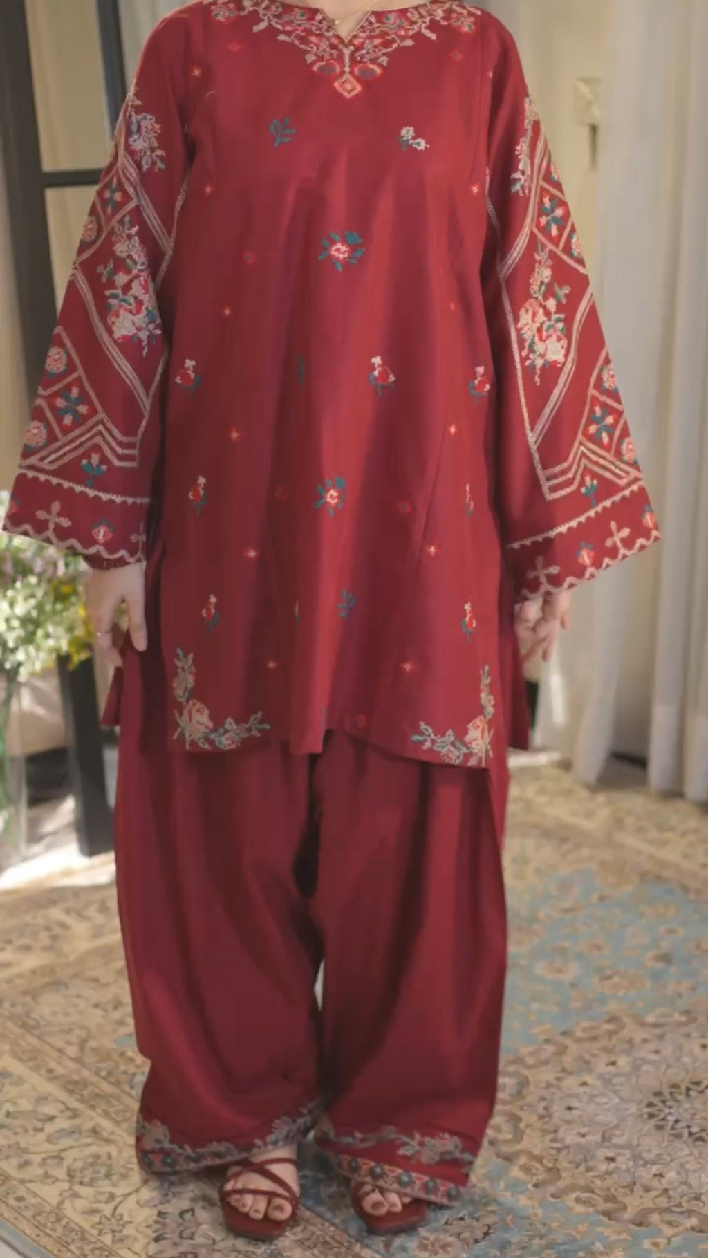 LINEN EMBROIDERD UNSTICHED 2PC (RED)