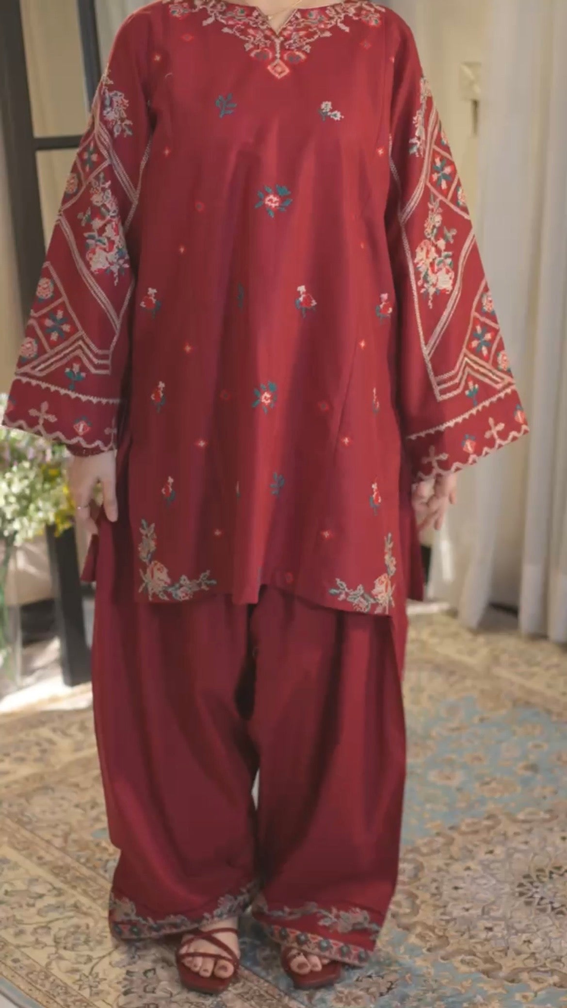 LINEN EMBROIDERD UNSTICHED 2PC (RED)