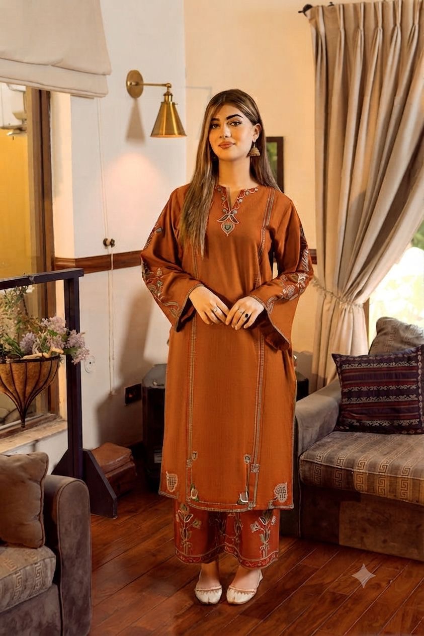 LINEN EMBROIDERD UNSTICHED 2PC (DARK GOLDEN)