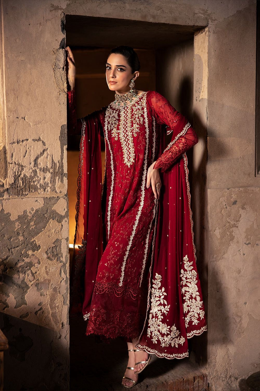 Royal Crimson By Azure -Handemblish Formal Red Chiffon Unstiched Party Wear (SL-12256)