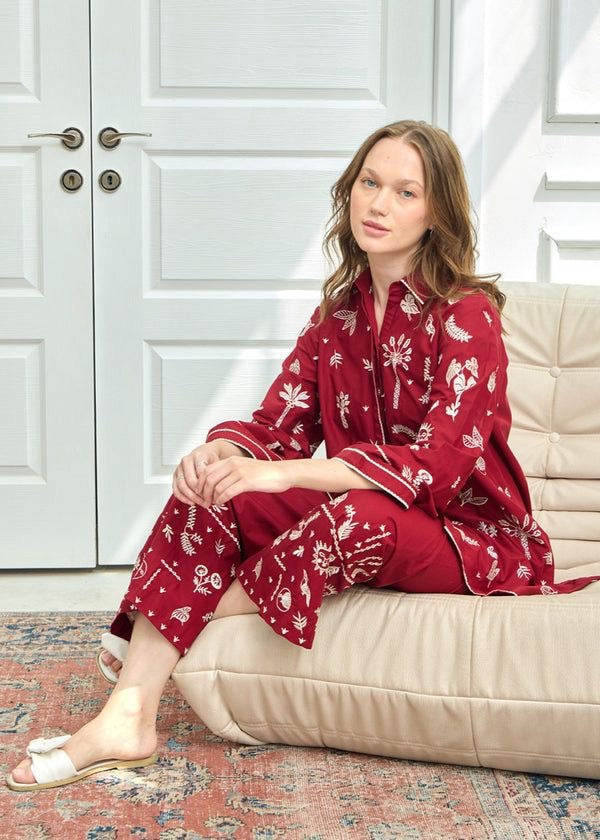 LINEN EMBROIDERD UNSTICHED 2PC (RED)
