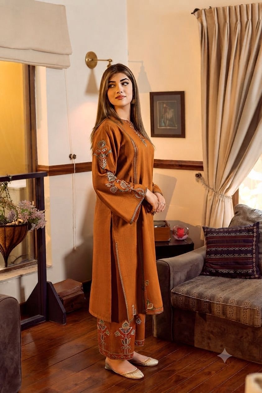 LINEN EMBROIDERD UNSTICHED 2PC (DARK GOLDEN)