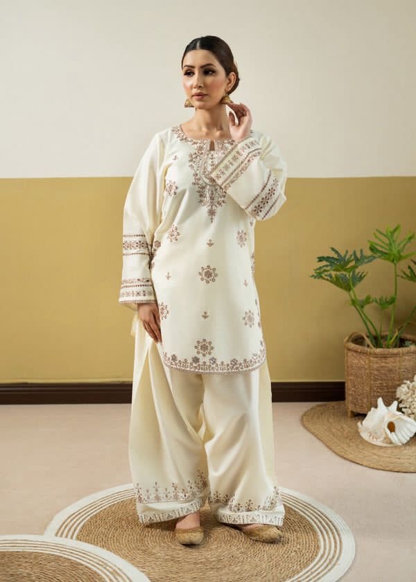 LINEN EMBROIDERD UNSTICHED 2PC (OFF WHITE)