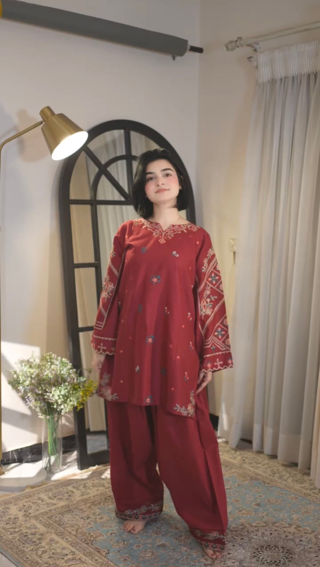 LINEN EMBROIDERD UNSTICHED 2PC (RED)