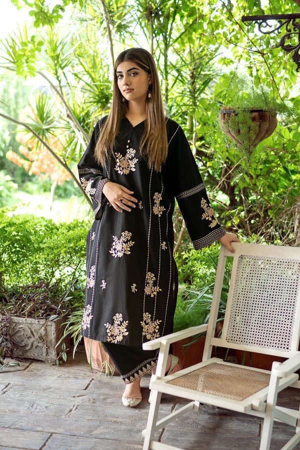 LINEN EMBROIDERD UNSTICHED 2PC (BLACK)