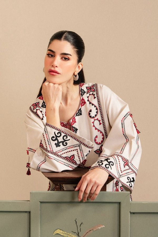 LINEN EMBROIDERD UNSTICHED 2PC (BEIGE)