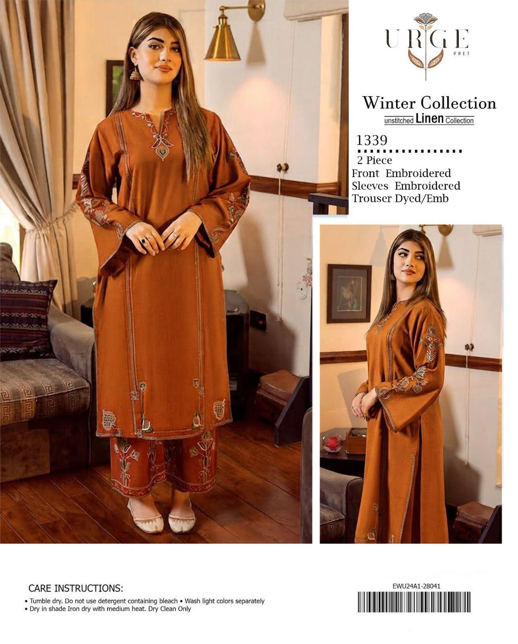 LINEN EMBROIDERD UNSTICHED 2PC (DARK GOLDEN)