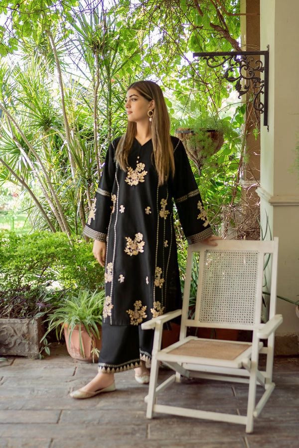 LINEN EMBROIDERD UNSTICHED 2PC (BLACK)