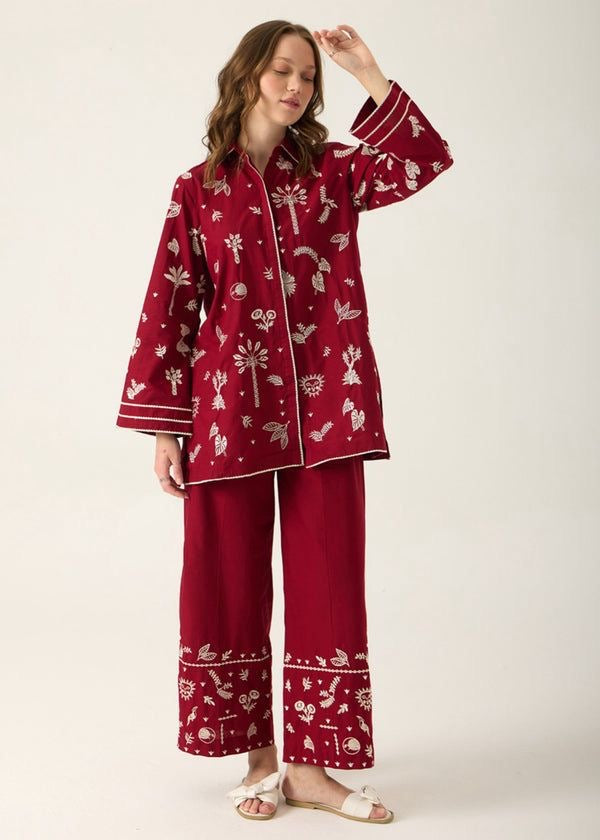 LINEN EMBROIDERD UNSTICHED 2PC (RED)