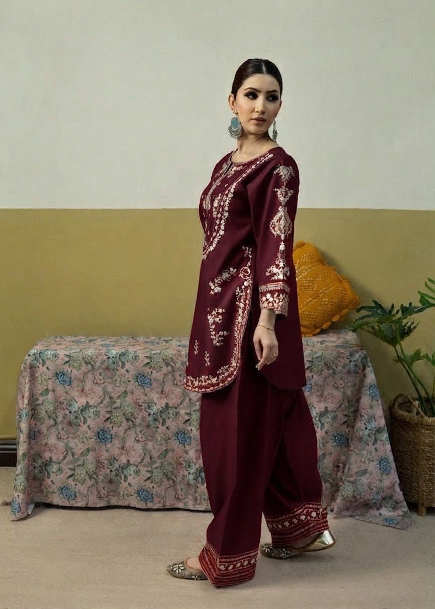 LINEN EMBROIDERD UNSTICHED 2PC (MEHROON)