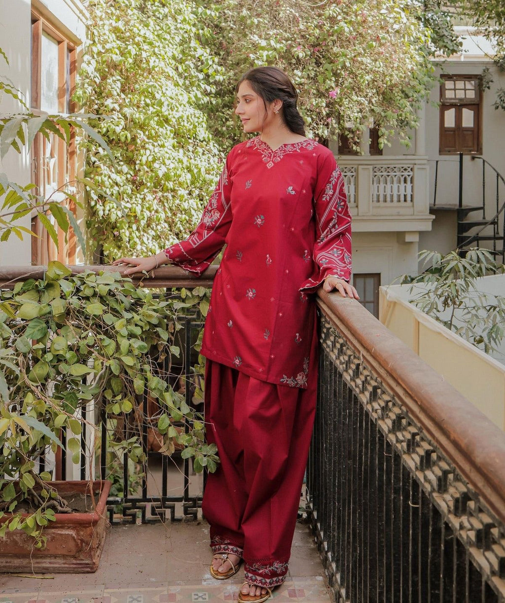 LINEN EMBROIDERD UNSTICHED 2PC (RED)
