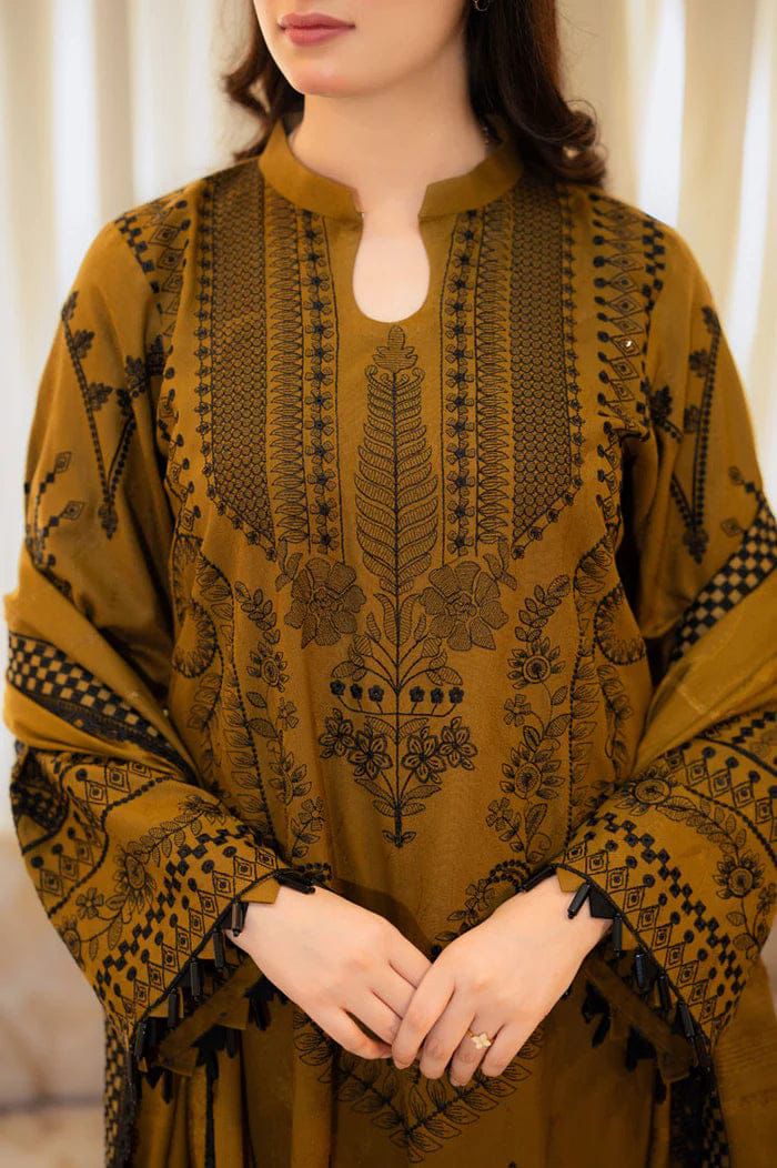 LIBASS MUSTERD DHANK EMBROIDERD UNSTICHED 3PC DHANAK EMBROIDERED SHAWL (WA-650)