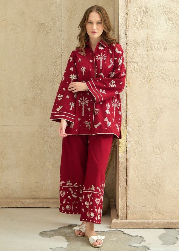 LINEN EMBROIDERD UNSTICHED 2PC (RED)