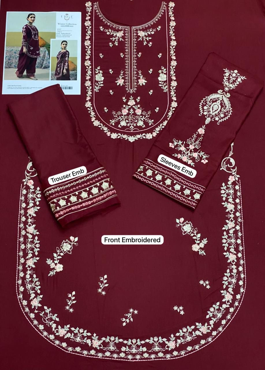 LINEN EMBROIDERD UNSTICHED 2PC (MEHROON)