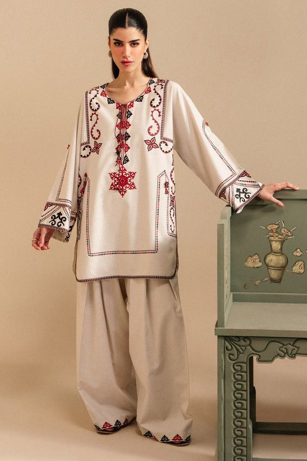 LINEN EMBROIDERD UNSTICHED 2PC (BEIGE)