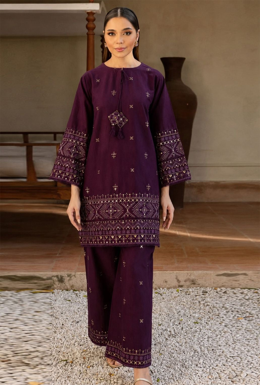 LINEN EMBROIDERD UNSTICHED 2PC (DARK PURPAL)