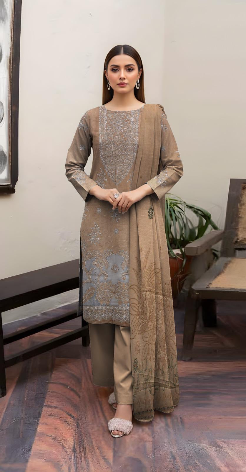 “BAVLI” BY ZIMAL TEXTILE SLUB VISCOS EMBROIDERD APPLIC WORK UNSTICHED 3pc WA-455