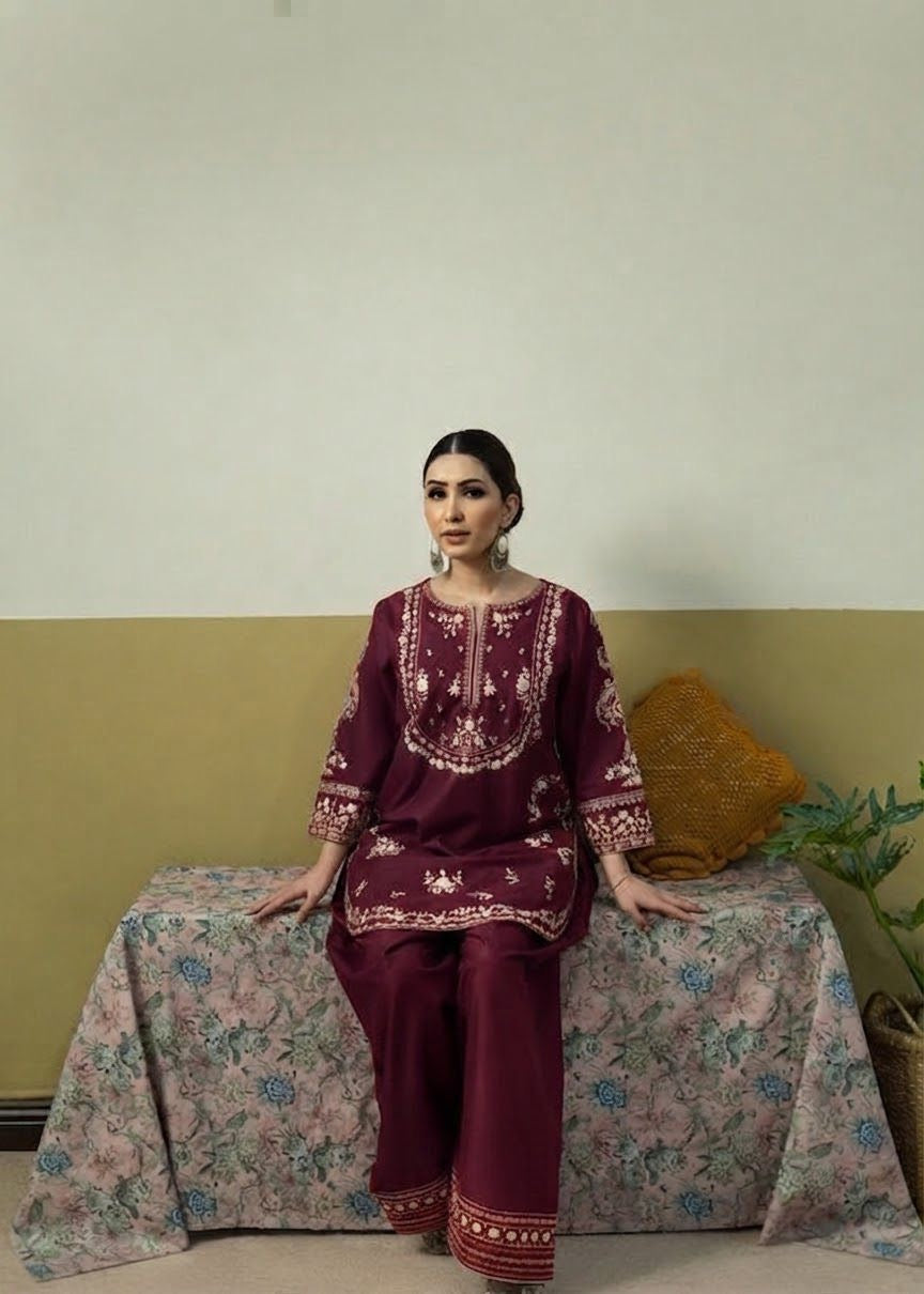 LINEN EMBROIDERD UNSTICHED 2PC (MEHROON)