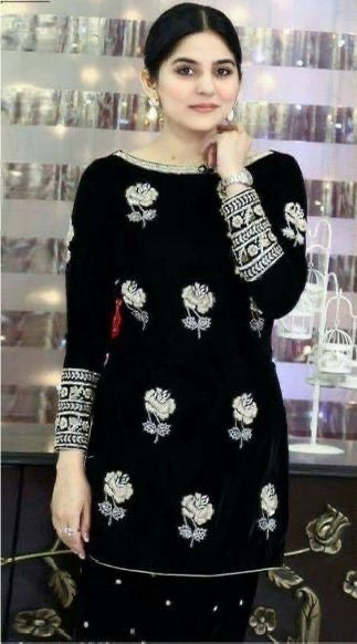 LINEN EMBROIDERD UNSTICHED 2PC (BLACK)